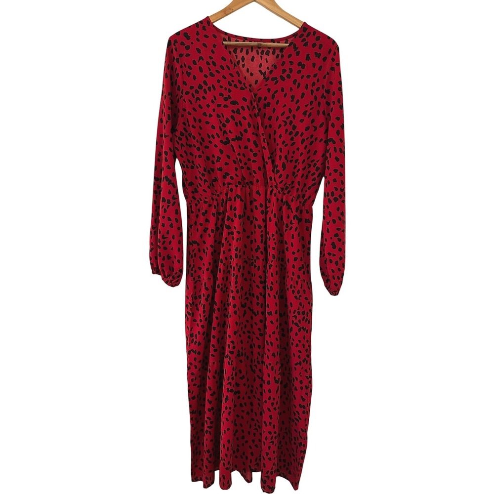 Red Black Animal Print Faux Wrap Midi Dress XL Tiered Whimsigoth Vamp Retro